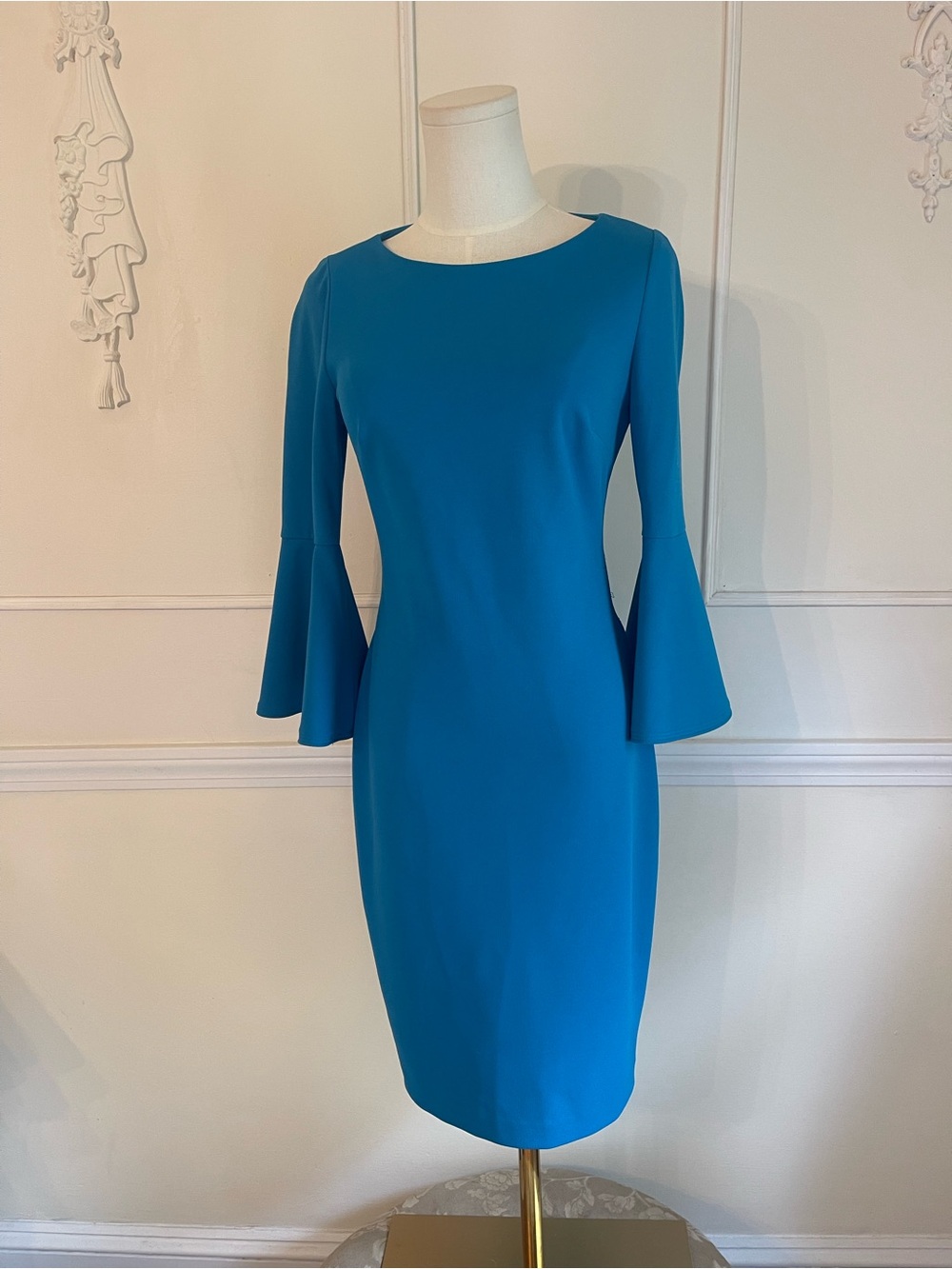 Calvin Klein Vibrant Turquoise Midi Sheath Dress with Bell Sleeves READ